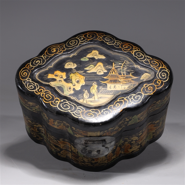 Appraisal: Chinese gilt lacquer diamond-shaped box with metal fittings and designs