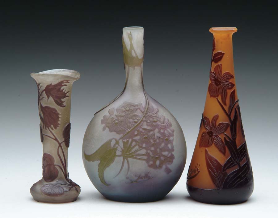 Appraisal: THREE GALLE VASES Galle vase has brown cameo flowers against