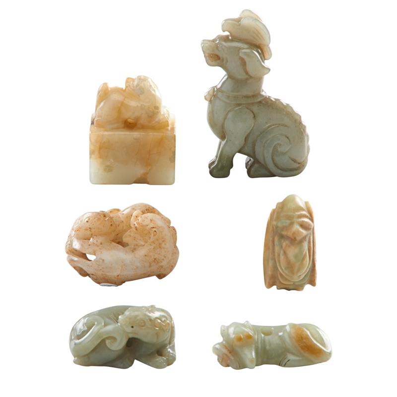 Appraisal: CHINESE JADE AND HARDSTONE CARVINGS Six Carved figural pieces including