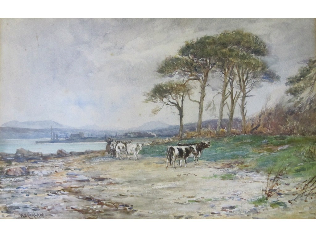 Appraisal: WILLIAM CARLAW RSW - Watercolour coastal landscape with cattle to