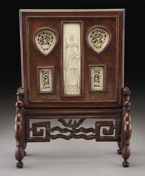 Appraisal: Chinese carved ivory inlaid rose and burl wood International buyers