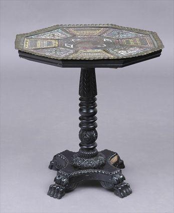 Appraisal: TURKISH EXPORT ENAMELED BRASS AND COPPER AND EBONY-VENEERED PEDESTAL TABLE