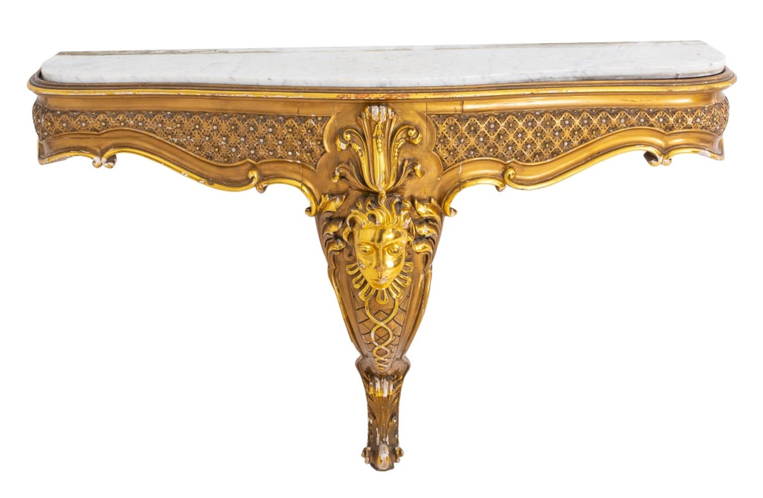 Appraisal: LOUIS XIV STYLE MONOPODAL GILTWOOD CONSOLE Louis XIV fantasy style