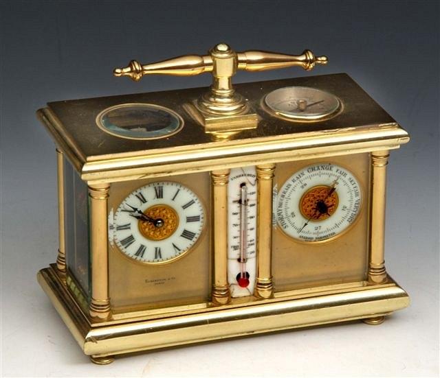 Appraisal: A VICTORIAN CARRIAGE CLOCK thermometer and barometer in a brass