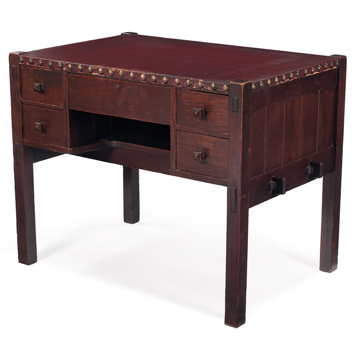 Appraisal: Gustav Stickley desk original leatherette top over five drawers and