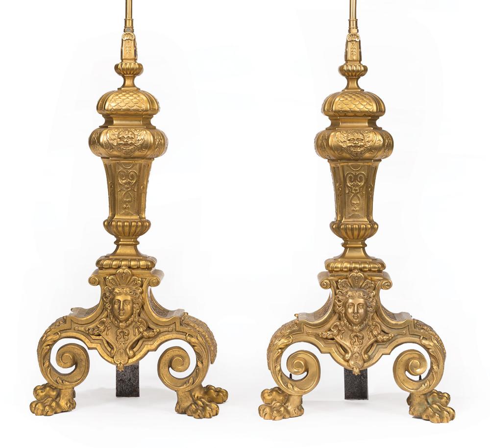 Appraisal: Pair of Antique Continental Gilt Bronze Lamps fashioned from chenets