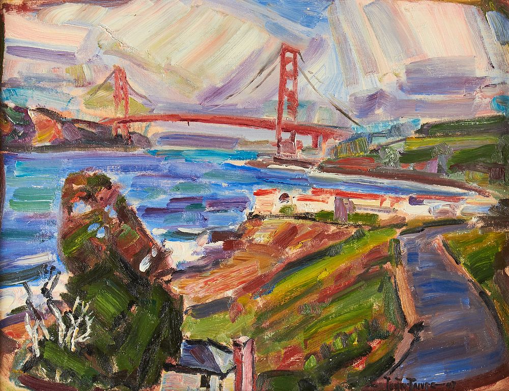 Appraisal: Justin Faivre Golden Gate Bridge Oil on Canvas Justin Faivre