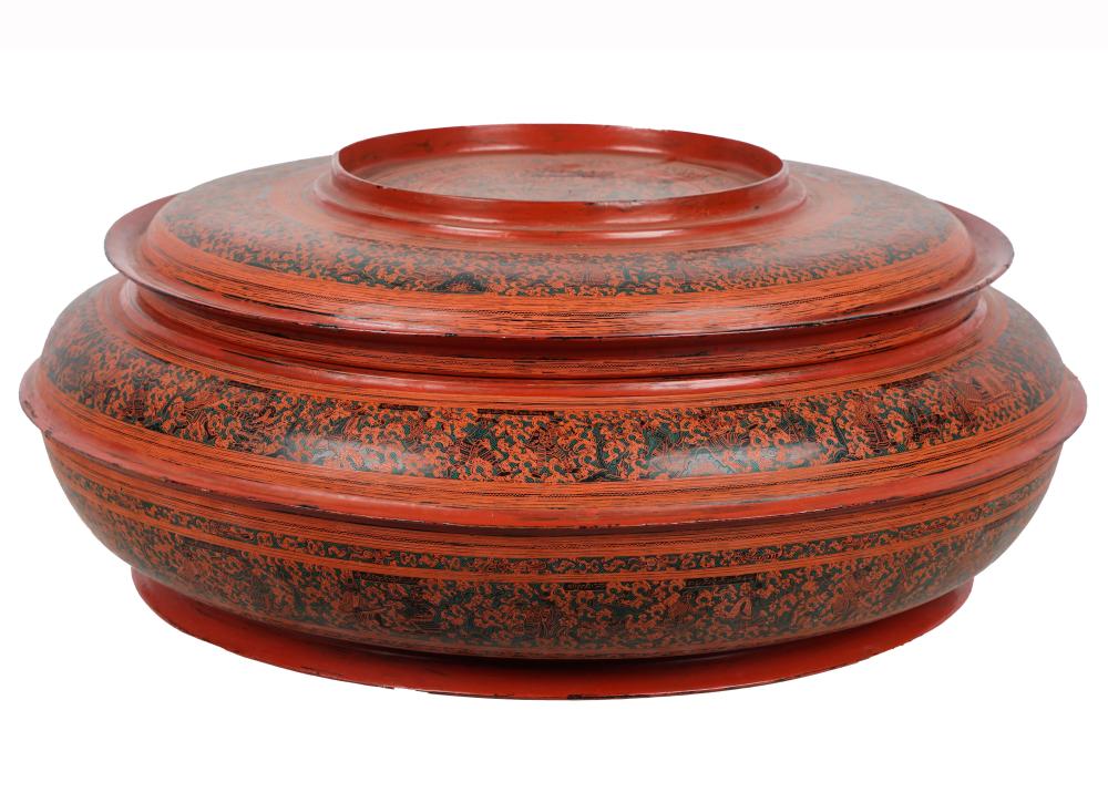 Appraisal: THAI RED LACQUER OFFERTORY BOXwith lid and insert pieces Condition