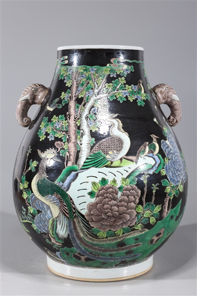 Appraisal: Chinese famille verte enameled porcelain black ground vase with molded