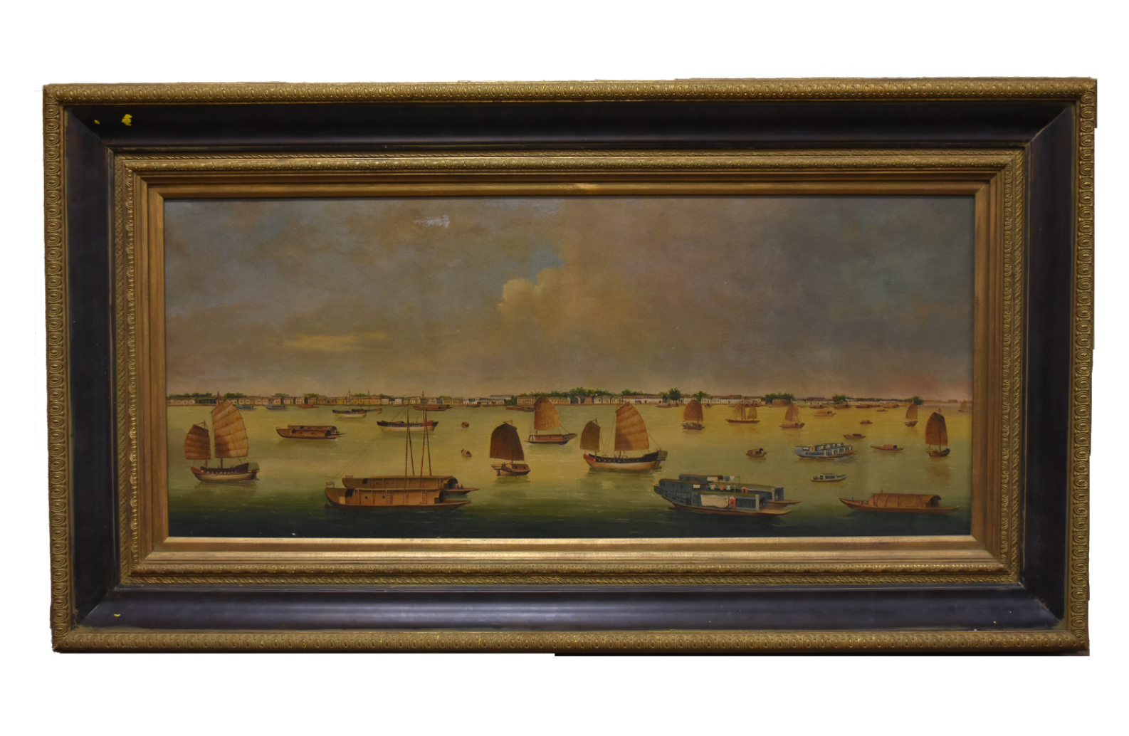 Appraisal: LARGE CHINESE EXPORT OIL PAINTING OF BOAT TH C This