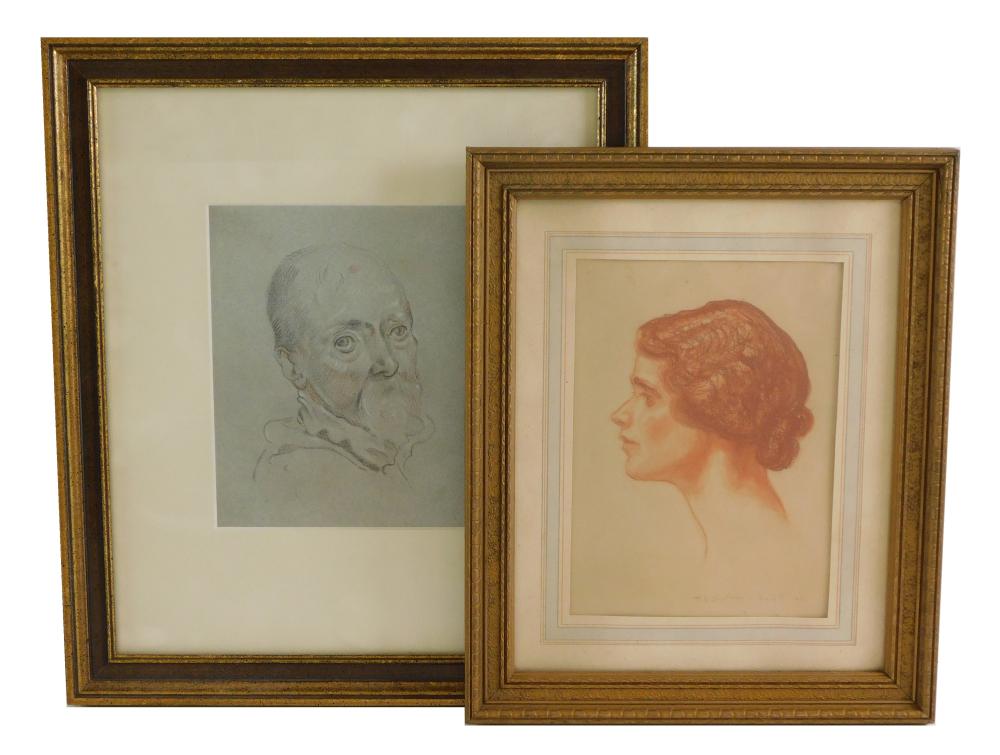 Appraisal: Two framed portrait drawings Profile portrait of woman early th