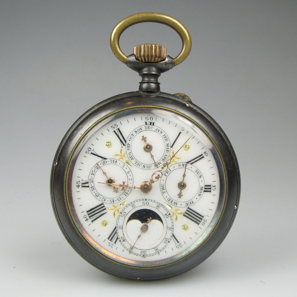 Appraisal: Swiss Openface Triple Calendar Pocket Watch With Moonphase circa mm