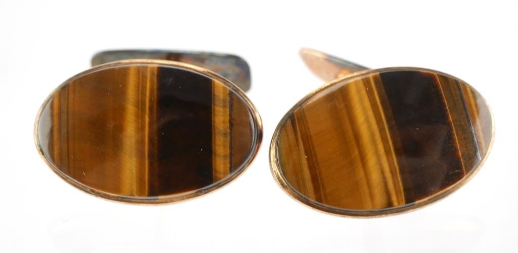 Appraisal: Pair K yellow gold tiger eye cufflinks Marked ct approx