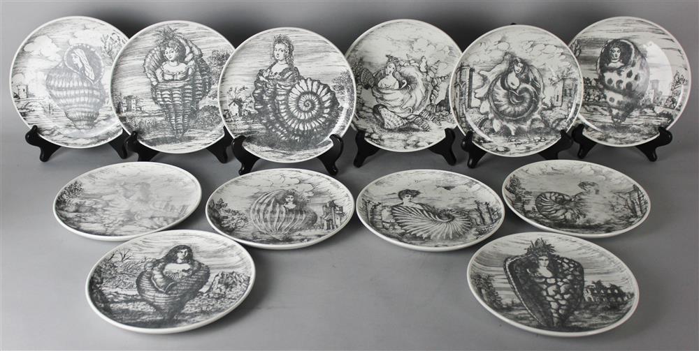 Appraisal: TWELVE FORNASETTI MILANO LE OCEANIDI PLATES black printed marks and