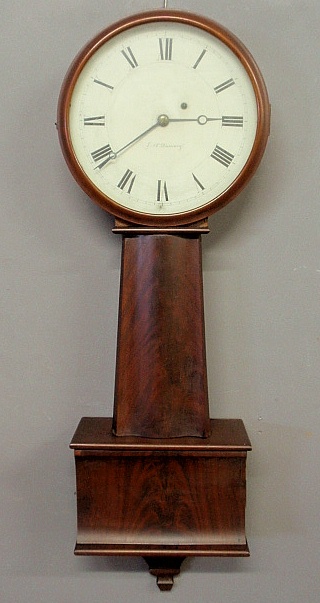 Appraisal: - Mahogany cased wall clock c with painted Roman numerals