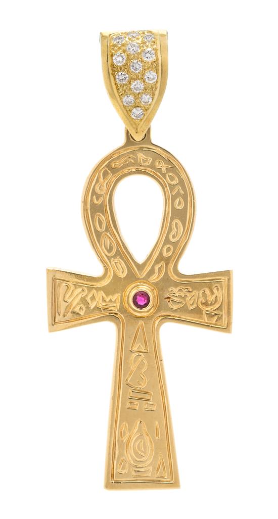 Appraisal: Sale Lot An Karat Yellow Gold Diamond and Ruby Ankh