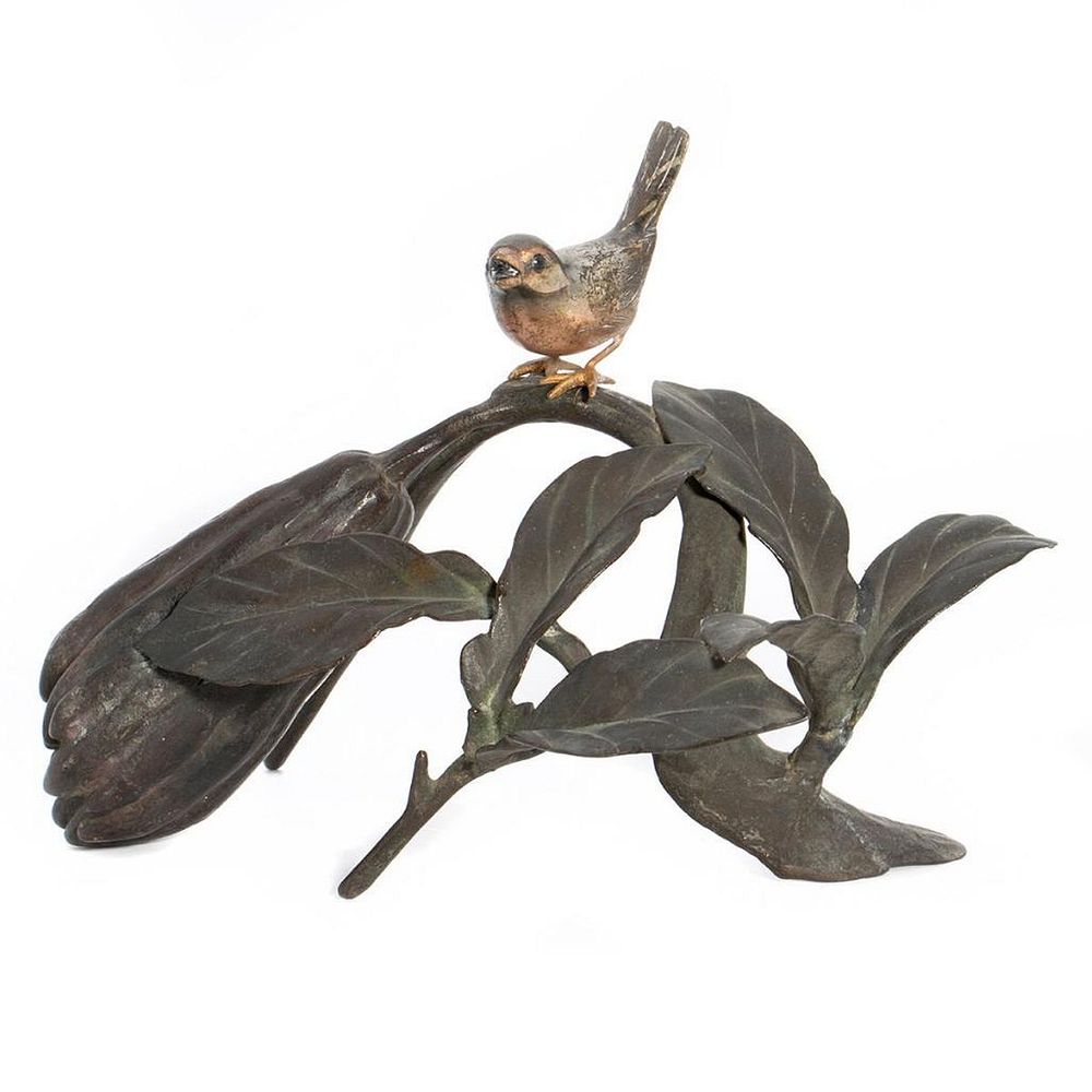 Appraisal: Japanese Bronze Decoration A songbird perched on a flowering branch