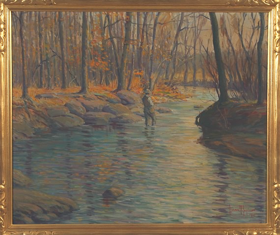 Appraisal: Woodland scene with fisherman oil on canvas x SLR Artist