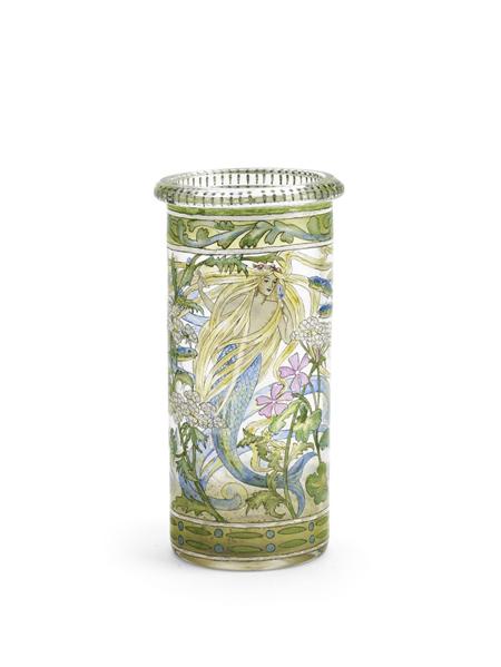 Appraisal: HANNAH MOORE WALTON - CYLINDRICAL VASE CIRCA enamel-painted glass depicting