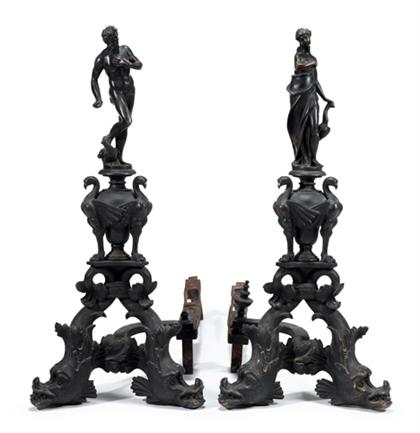 Appraisal: Pair of French baroque style patinated bronze andirons th century