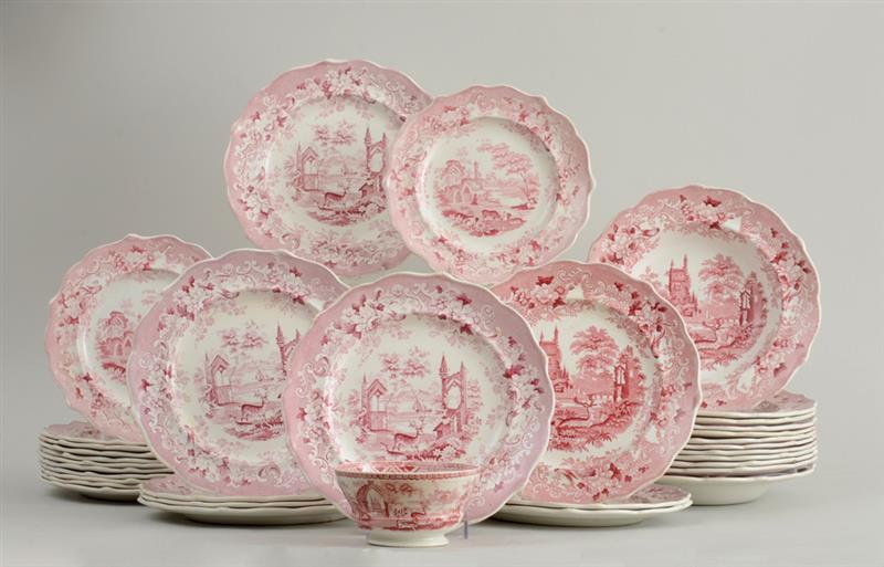 Appraisal: GROUP OF STAFFORDSHIRE RED TRANSFER-PRINTED PLATES Impressed anchor mark flanked