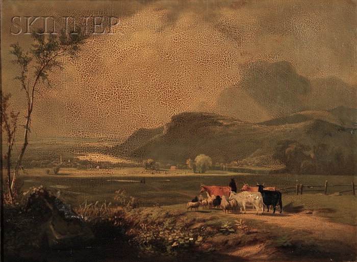 Appraisal: American School th Century Landscape with Cows by a Lake