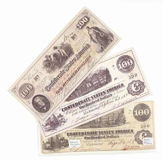 Appraisal: Collection Confederate currency comprising T- one hundred dollar notes T-