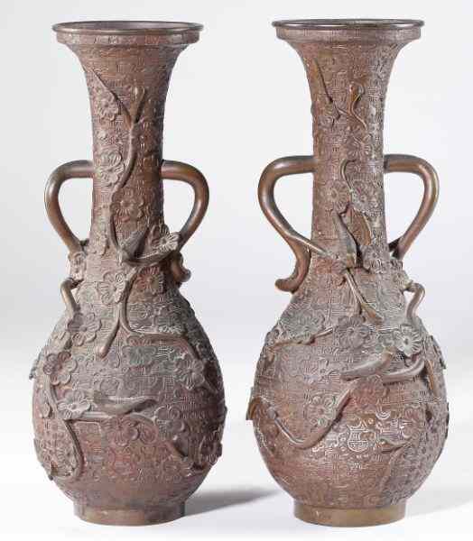 Appraisal: Pair of Japanese Bronze Vaseswith archaistic decoration and applied cherry