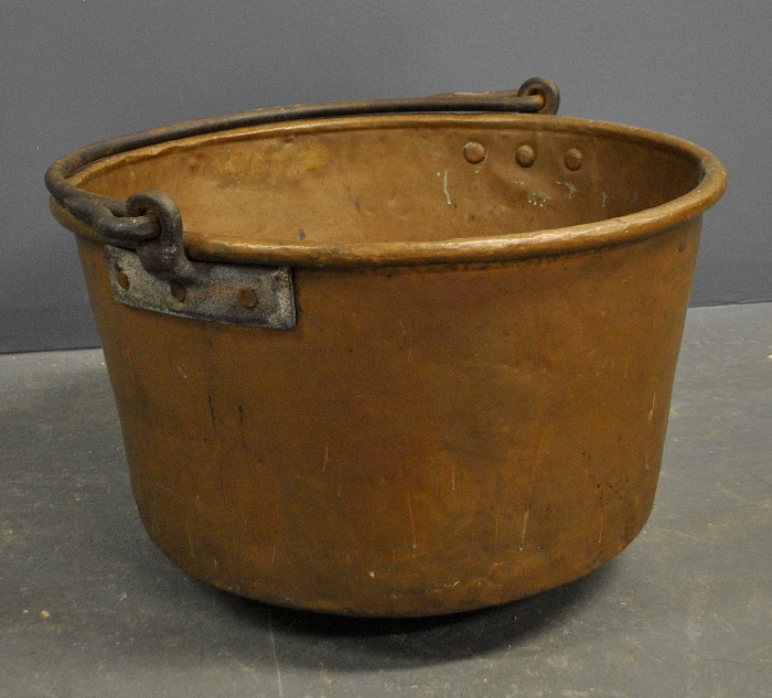 Appraisal: - Copper apple butter kettle with wrought iron swing handle