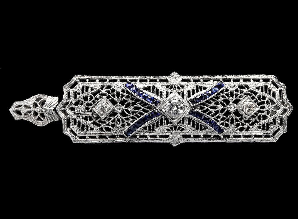 Appraisal: Art Deco K Gold Diamonds Sapphire Pendant Brooch Art Deco