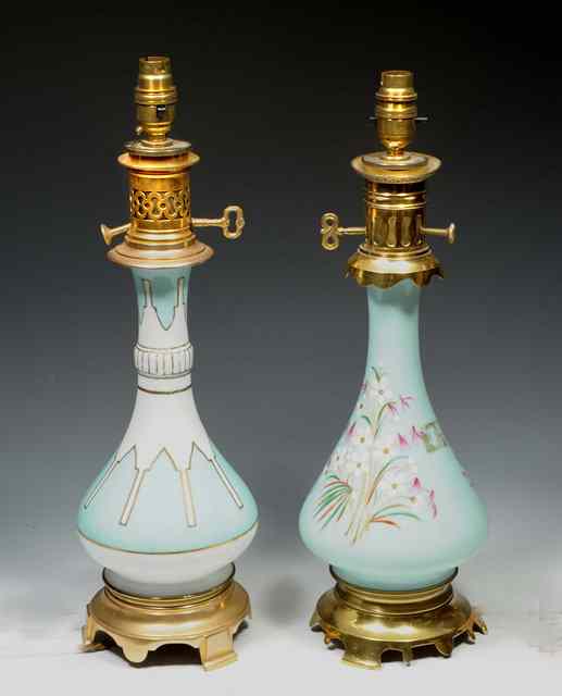 Appraisal: A CONTINENTAL TURQUOISE GLASS AND ORMOLU MOUNTED MODERATOR OIL LAMP