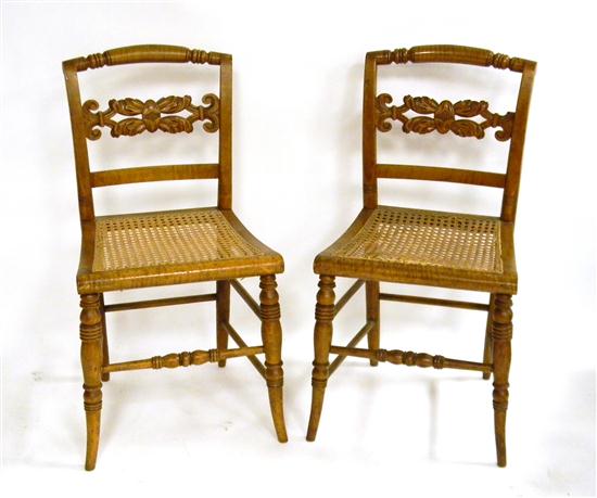 Appraisal: Pair of th C figured maple side chairs with carved