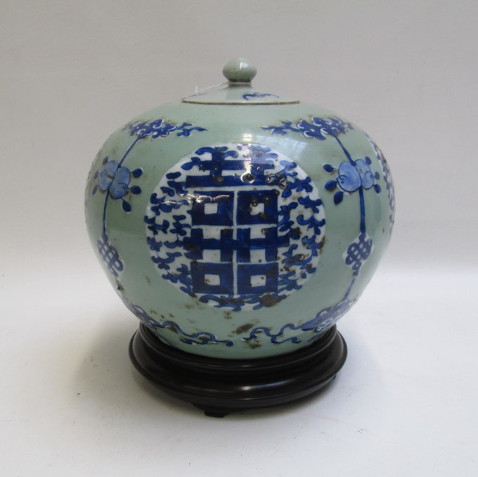 Appraisal: CHINESE BLUE AND WHITE ENAMELED CELADON GINGER JAR raised on