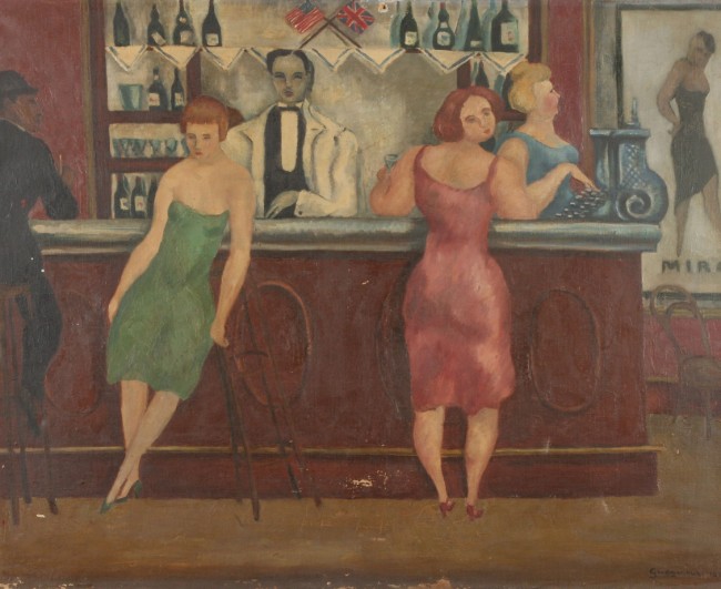 Appraisal: Interior bar scene with British and American flags oil on