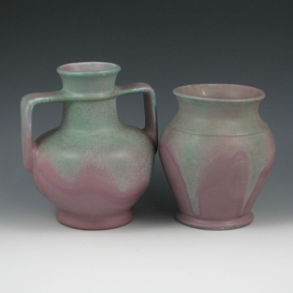 Appraisal: Two Muncie matte green over purple vases including a handled