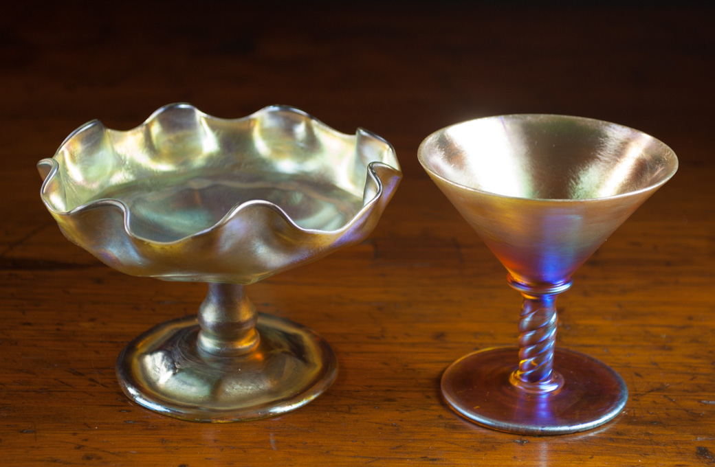 Appraisal: TWO TIFFANY IRIDESCENT ART GLASS VESSELS each of gold iridescent