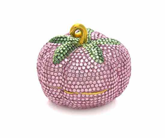 Appraisal: A Judith Leiber Pink and Green Crystal Pumpkin Pillbox Stamped