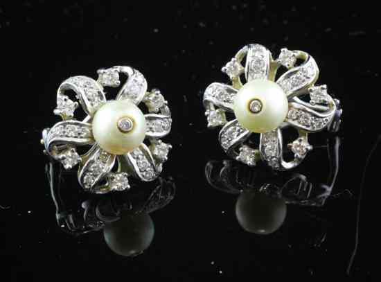 Appraisal: A pair of ct white gold diamond and cultured pearl