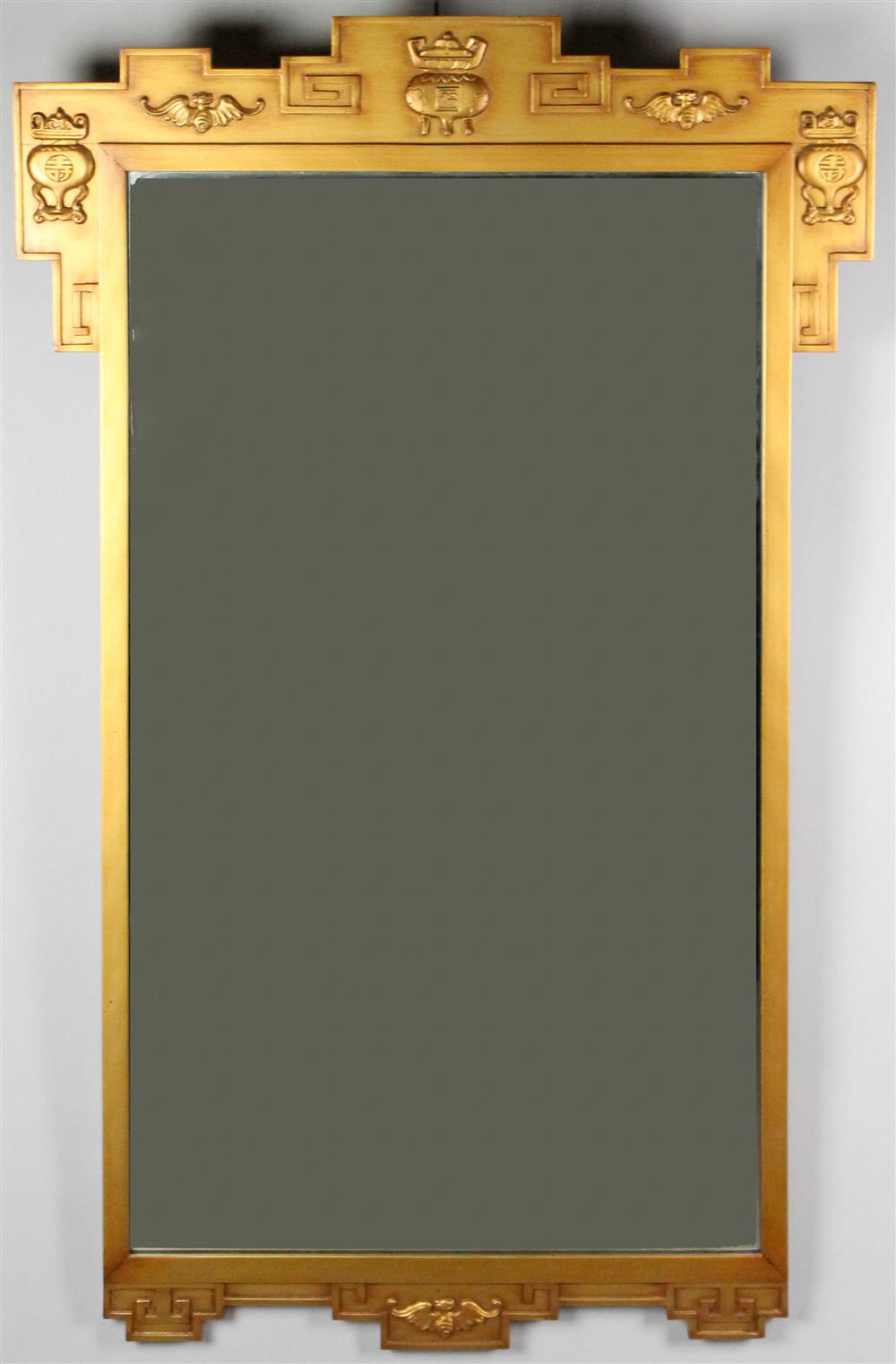 Appraisal: CHINESE INSPIRED WALL MIRROR having a gold painted frame decorated