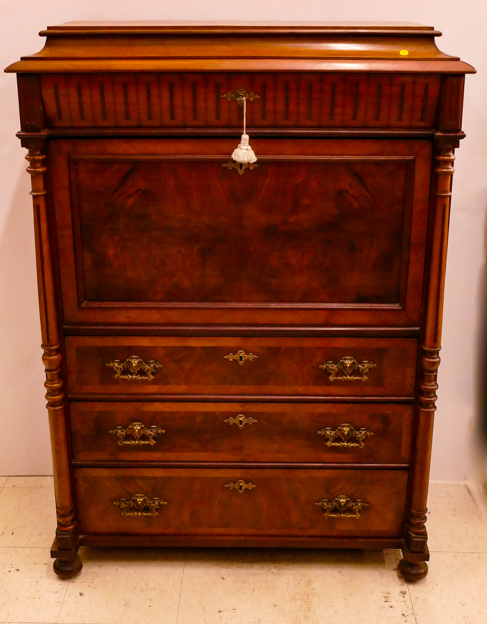 Appraisal: Antique Inlaid Secretaire de Abattant with Lion Head Pulls- x