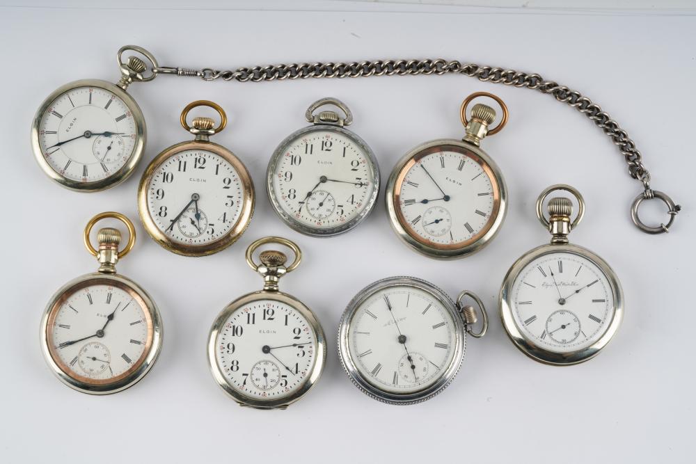 Appraisal: EIGHT ELGIN POCKET WATCHES Philadelphia three piece base metal Victory