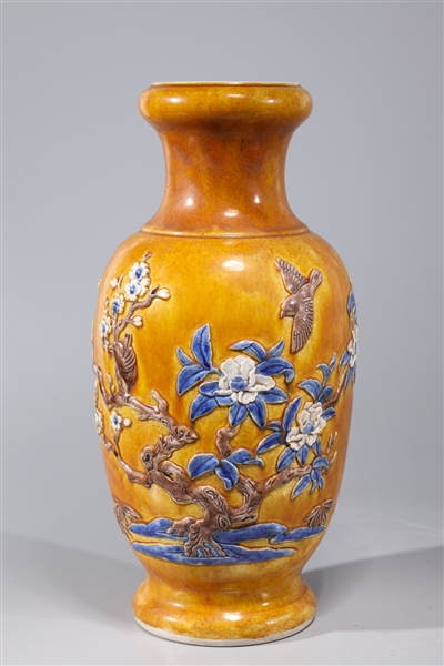 Appraisal: Chinese ochre glazed porcelain vase with blue glazed flowers and