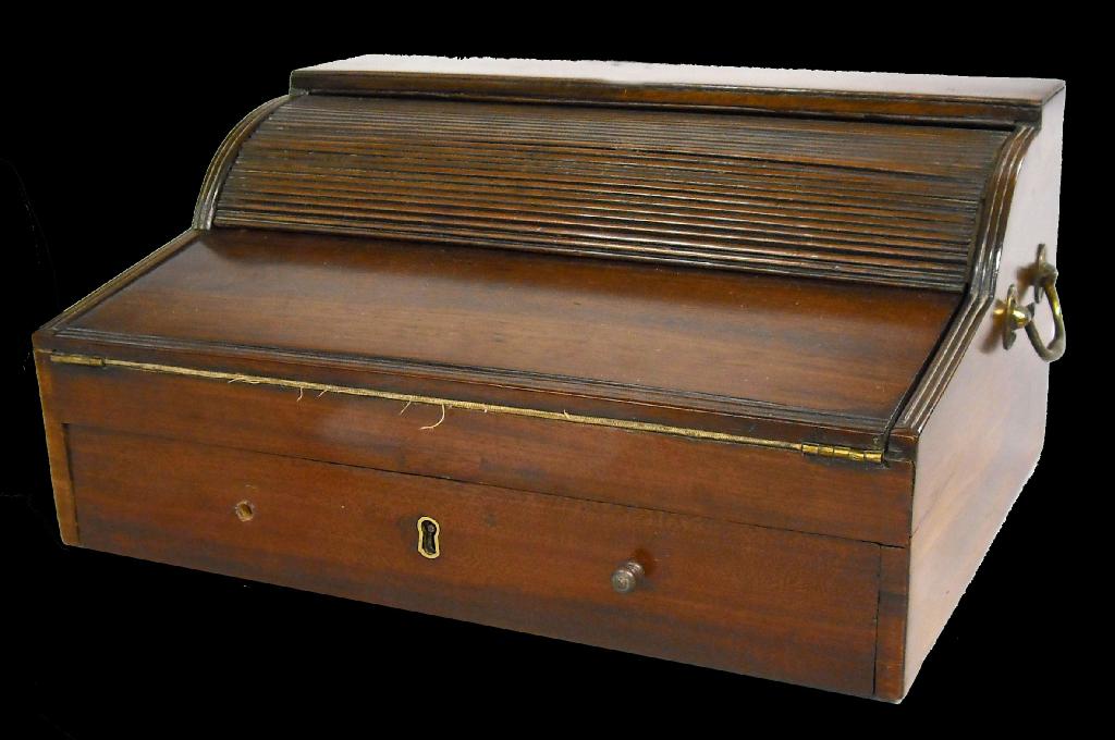 Appraisal: Early th century mahogany tambour writing slope the single drawer