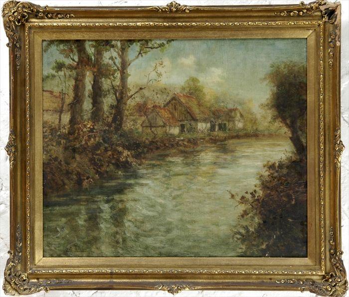 Appraisal: Attributed to Fritz Thaulow Landscape with Cottages Oil on canvas