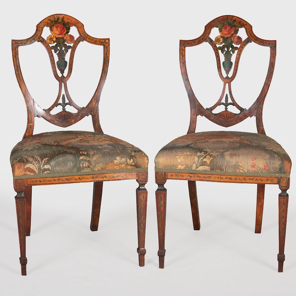 Appraisal: Pair of Edwardian Painted Side Chairs Fitted with leather seats