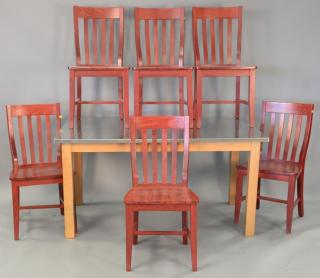 Appraisal: Stainless steel top kitchen table with set of red chairs