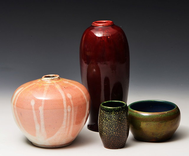 Appraisal: George J Cox for Mortlake PotteryThree vases and a bowl