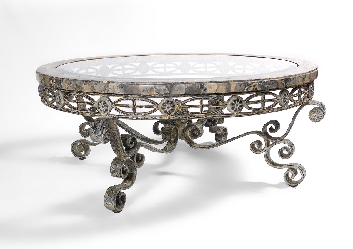 Appraisal: MODERN IRON BASE COFFEE TABLE Top with marble rim and