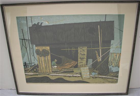 Appraisal: Fumio Kitaoka - woodblock print pencil signed ''Old Fisherman in