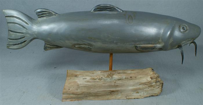 Appraisal: Big blue carved wooden catfish base impressed Green River Trading